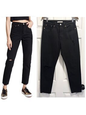 Levis Wedgie Jeans Black Distressed High Rise Frayed Raw Hem Size 28